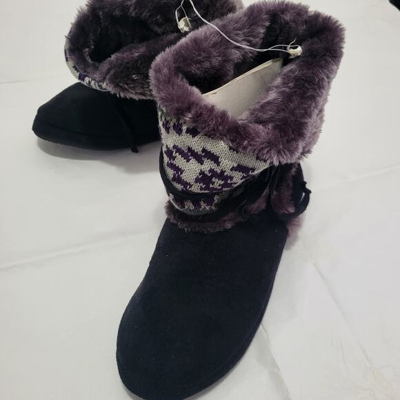 MUDD Blanket Wrap Boot Slippers like Mukluks Black Faux Suede & Fur House shoes - Picture 16 of 16
